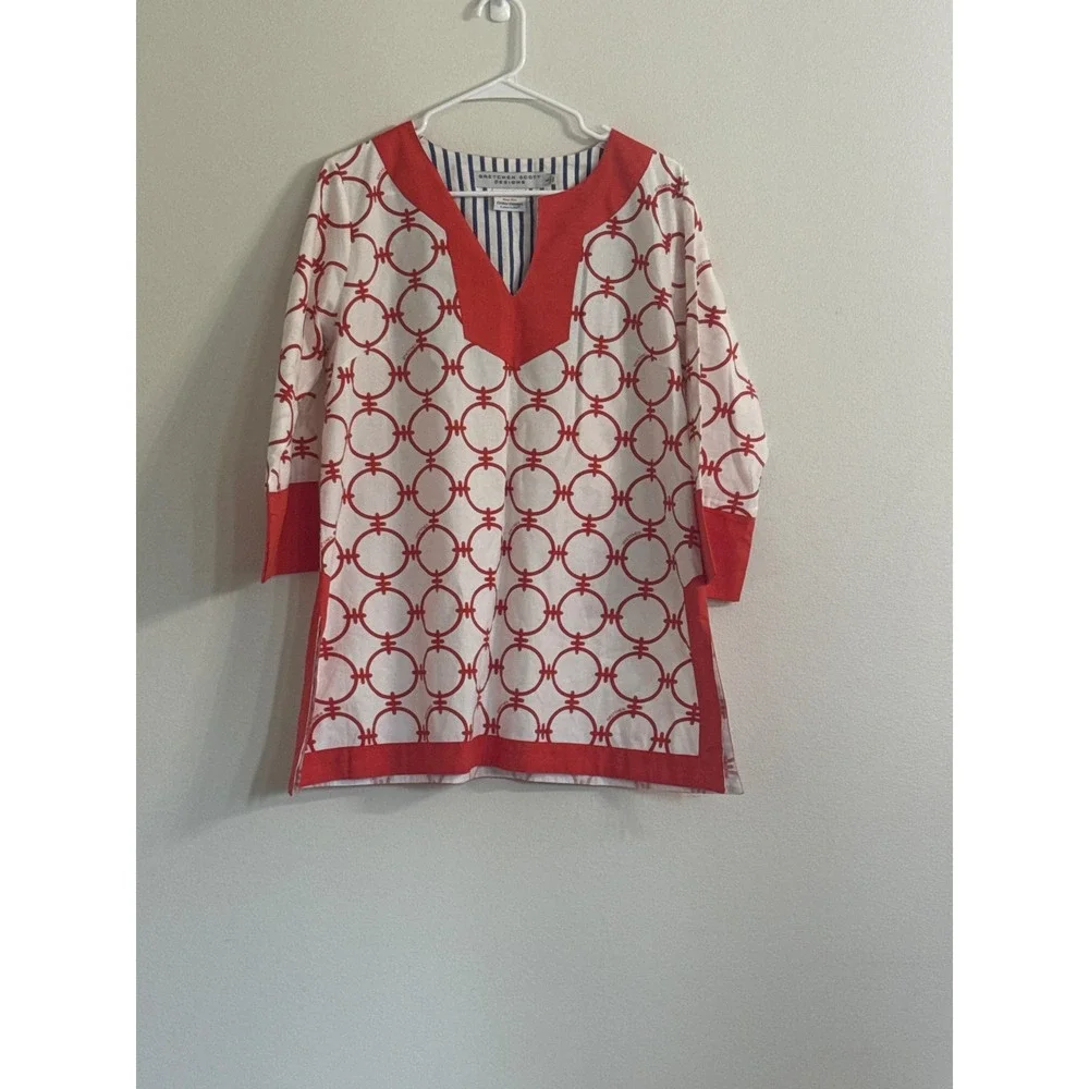 Gretchen Scott Designs Red White Geometric Link Tunic‎ Top Split Neck Large